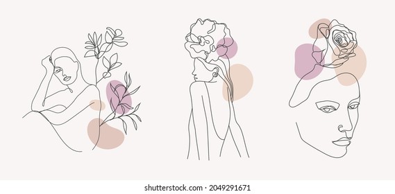 Vector set of women faces, bodies line art illustrations, logos with flowers and leaves, feminine nature concept. Use for prints, tattoos, posters, textile, logotypes, cards etc. Beautiful women faces