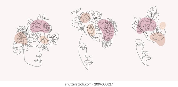 Vector set of women faces, bodies line art illustrations, logos with flowers and leaves, feminine nature concept. Use for prints, tattoos, posters, textile, logotypes, cards etc. Beautiful women faces