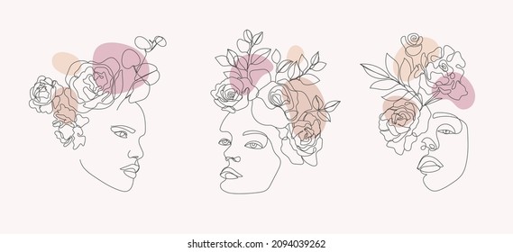 Conjunto vectorial de caras femeninas, cuerpos con ilustraciones de arte, logos con flores y hojas, concepto de naturaleza femenina. Uso para impresiones, tatuajes, afiches, textiles, logotipos, tarjetas, etc. Maravillosas caras de mujeres