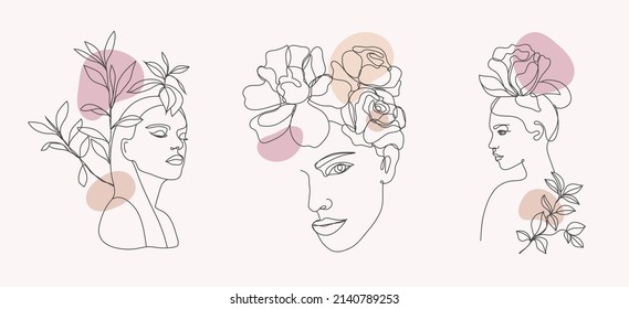 Vector set of women faces, bodies line art illustrations, logos with flowers and leaves, feminine nature concept. Use for prints, tattoos, posters, textile, logotypes, cards etc. Beautiful women faces