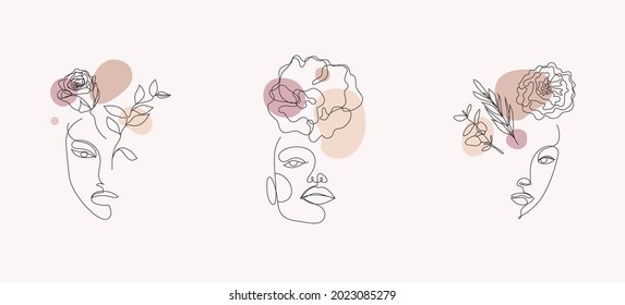 Conjunto vectorial de rostros de mujeres, ilustraciones de líneas de arte, logos con flores y hojas, concepto de naturaleza femenina. Uso para impresiones, tatuajes, afiches, textiles, logotipos, tarjetas, etc. Maravillosas caras de mujeres