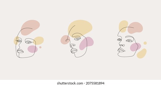 Vector set of women faces, line art illustrations, logos with spots. Use for prints, tattoos, posters, textile, logotypes, cards etc. Beautiful women faces