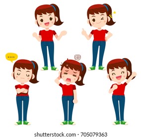 Vector set of women, girl character in different action poses isolated on white background.