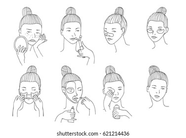 Vector con mujeres cabeza en diferentes condiciones, estado de ánimo y ángulo. Procedimientos de cometología como tratamiento y máscaras faciales para labios, ojos y piel. Chica se ocupa de su piel y se enfrenta a sí misma.