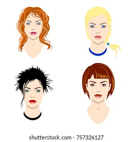 Vector set of women heads with different types of haircut and colors of eyes for avatars and icons