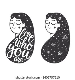 Vector set with women heads, lettering quote, stars, plantes and grunge texture. Love who you are inspirational calligraphy quote. Black white typography posters, t shirt print design