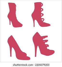 Vector Set Of Women High Heel Red Shoes Silhouettes Illustration Isolated On White Background