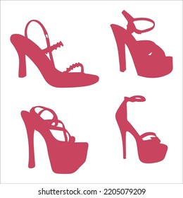 Vector Set Of Women High Heel Red Shoes Silhouettes Illustration Isolated On White Background