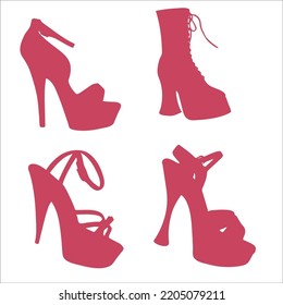 Vector Set Of Women High Heel Red Shoes Silhouettes Illustration Isolated On White Background