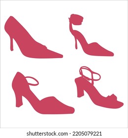 Vector Set Of Women High Heel Red Shoes Silhouettes Illustration Isolated On White Background