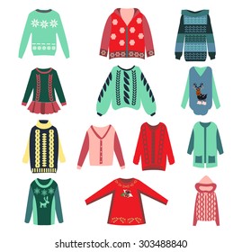 Vector set of women knitted sweaters with patterns, fashion collection illustration