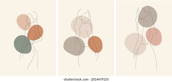 Vector set of women in line art style with abstract shapes