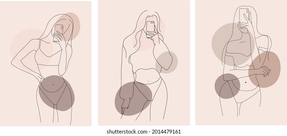 Vector set of women in line art style with abstract shapes