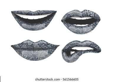 Vector set of women lips with boho ornament