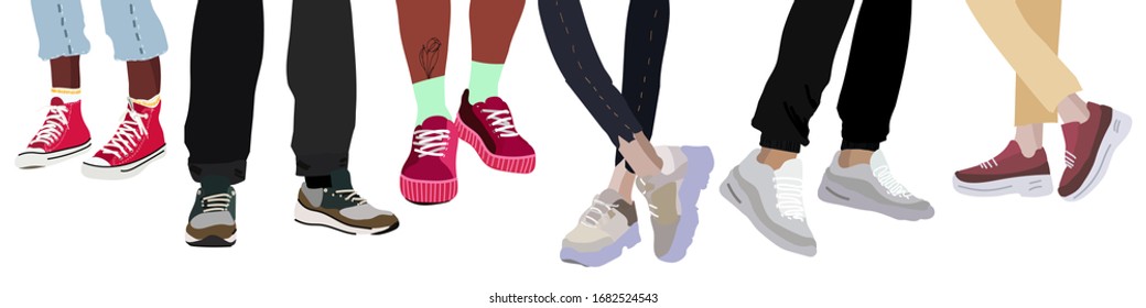 Vector set. Women and man legs  in the stylish sneakers. Summer theme.  Hand drawn vector colored trendy illustration. Flat design