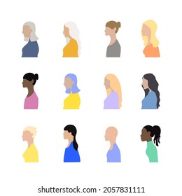 Vector Set of Women Profiles Isolated on White Background, Cartoon Characters, Different Faces, People Diversity.
