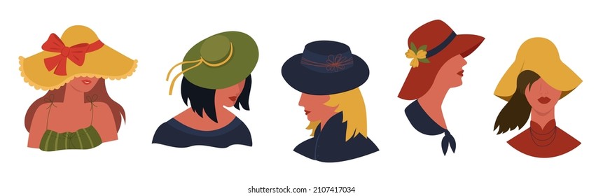 Vector set of women s heads with hats on them. The straw beach hat, boater, fedora, slouch, cloche are depicted. The concept of headdress, fashion.