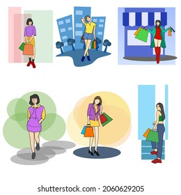 vector set of women shopping with bags 