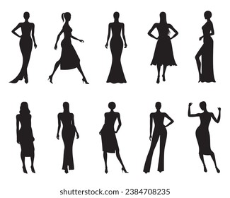 Vector set of women silhouettes in various fashionable dresses and in different poses, in black color, isolated, fashion illustration on white background.