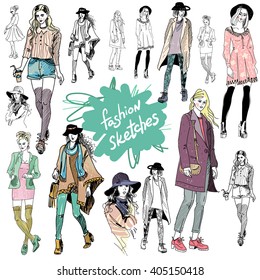 Vector set with women. Spring street fashion.