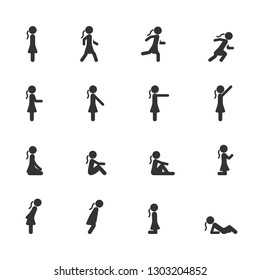 Vector set of women standing walking running sitting lying pointing in different poses icons.