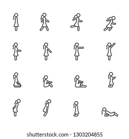 Vector set of women standing walking running sitting lying pointing in different poses line icons.