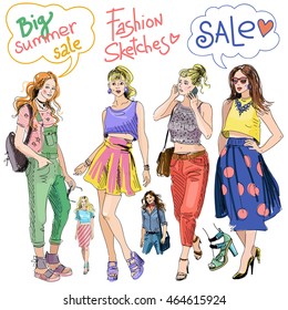 Vector set with women. Summer street fashion. Summer sale.