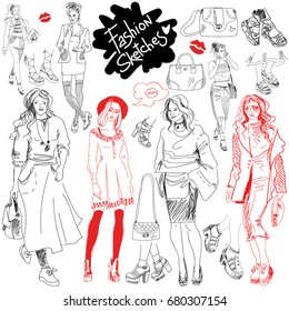 Vector set with women. Summer street fashion.