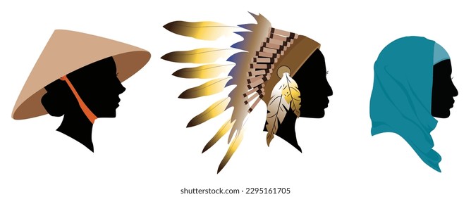 vector set of women with traditional headdresses. Silhouette heads isolated on white background. Illustration artwork