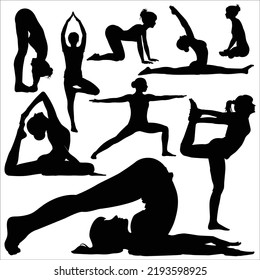 Vector Set Of Women Yoga Poses Silhouettes Illustration Isolated On White Background