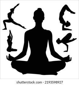 Vector Set Of Women Yoga Poses Silhouettes Illustration Isolated On White Background