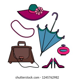 Vector set of women's accessories. Hat, umbrella, necklace, handbag, perfume bottle, high-heels shoes