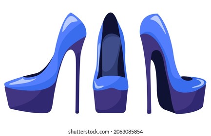 Vector set of women's blue platform shoes and high heels isolated on white background.