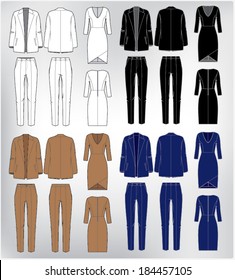 Ropa vectorial de mujeres: chaqueta, pantalones y vestido.