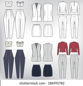 Vector set of women's clothes: blouse, top, west, skirt and pants. Fashion collection.