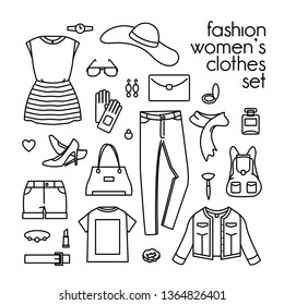 Vector set of women's clothes, shoes and handbags (dress, shoes, handbag, backpack, lipstick, powder, jeans, shorts, t-shirt, hat, earrings, ring, gloves and other) Black isolated on white background