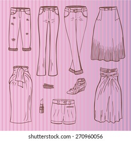 Vector set of women's clothes: skirt and pants. Fashion collection.