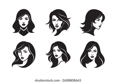 Vector set of women's faces with diverse hair styles, a beauty and fashion illustration