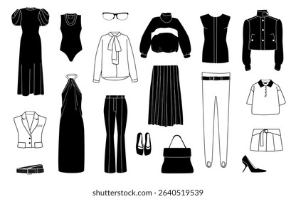 Vector set of women's fashion clothing and accessories in black and white. Stylish modern wardrobe elements collection.