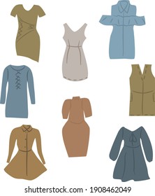 vector set of womens fashionable dresses. Collection of different models of womens dresses in trendy colors .print
