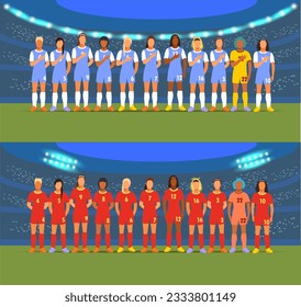 Vector set of women's football. Players wait for the match beginning and hold their hands on their breasts listening to their national anthem