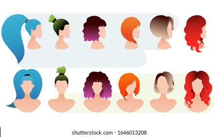 Vector set of women's hairstyles. An isolated head with hair. Collection of hairstyles in different colors and shapes. Red, blue, green, yellow and ombre hair.