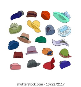 Vector set of women's hats on white background
Vintage and retro style. Female Fashion. Shopping, shop, store.