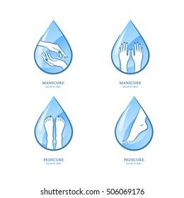 Vector set of womens manicure and pedicure logo, label design. Female hands and feet on water drop background. Concept for beauty salon, manicure, pedicure cosmetics, organic body care and spa.
