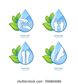 Vector set of womens manicure and pedicure logo, label design. Female hands and feet on water drop background. Concept for beauty salon, manicure or pedicure cosmetics, organic body care and spa.