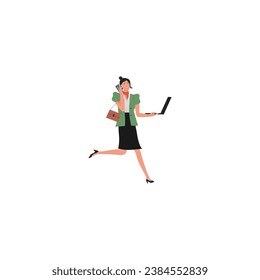vector set of women's poses in green clothes girl