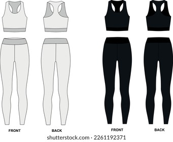 Vector set of women's sportswear for yoga, running, fitness. Vector drawing of leggings and sports bra in black and white colors. Shapewear pattern sketch front and back view.