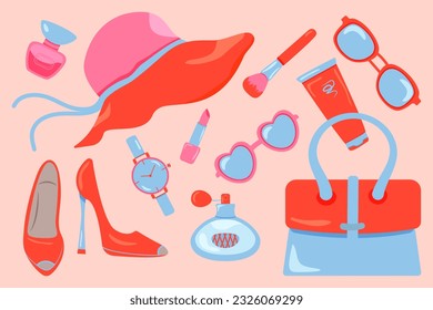 Vector Set of Womens Stuff.Glamour.Girls Set.Fashion Accessories.Fashion.
Women's.Beauty.Hat.Sunglasses.Watch.Lipstick.Perfume.Fragrance.Cream.Shoes.Heeled Shoes.Pink.Romance.Leisure.Sun.EPS 10