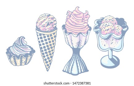 Vector set of a wonderful ice cream, cone ice cream balls, flavor berry, lemon and mint ice cream in bowls. Hand-drawn, graphic, style. Tender, soft, light, sleepwear color:blue, pink, yellow on white