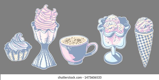 Vector set of a wonderful sticker cup of coffee, ice cream, cone ice cream balls, flavor strawberry ice cream in bowls. Hand-drawn, graphic, style. Tender, soft, light, pajamas, sleepwear: blue, pink